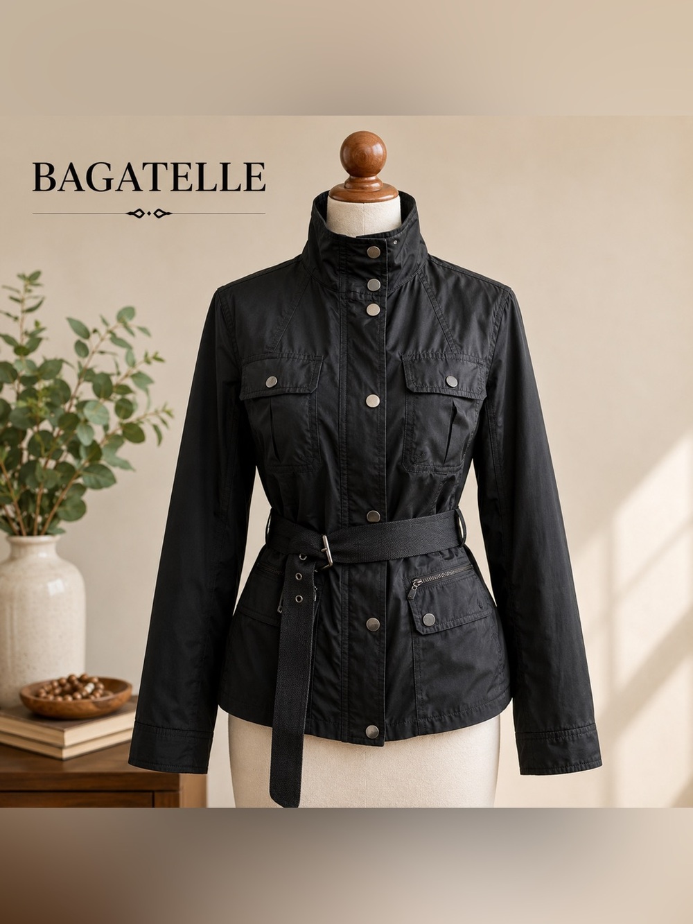 Bagatelle Black Belted Utility Safari Jacket Military Chic Lightweight Coat